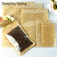 100Pcs Kraft Paper Candy Bags Recyclable Food Bread Party Shopping Pouches Zip Lock Wedding Packaging Bag Front Clear Hang Hole