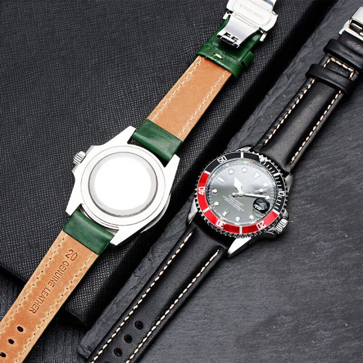 กำไลข้อมือหนังแท้สีดำแดงเขียวสายนาฬิกาแบบมีตะขอทรงผีเสื้อขนาด18มม-20มม-21mm2สายนาฬิกาข้อมือ2มม