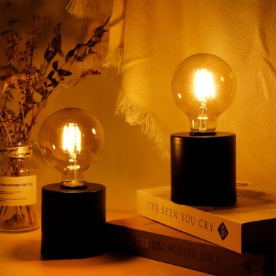 2Pcs Black Table Lamp Battery Powered Cordless Lamp Light with Edison Style Bulb for Living Room Bedroom Weddings Home Decor