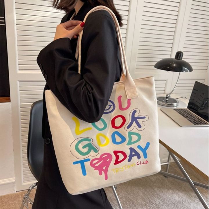 FHDFH Rainbow Letter Smile Canvas Bag Smiling Face Print Casual ...