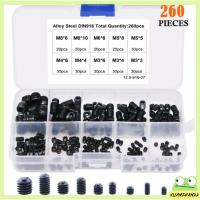 XUANZHAN22 เหล็กกล้าคาร์บอนเกรด12.9 ชุดสกรูสกรู M3/4/5/6/8 10ขนาด Hex grub screw Assortment KIT พร้อมกล่องเก็บของ สีดำสีดำ ไดรฟ์ HEX ภายใน ตกแต่งด้วยไม้ตกแต่ง