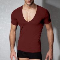 【CW】 Deep V-Neck Men S T Shirt Low Cut Vneck Wide Vee Tee Male Tshirt Short Sleeve Causal Gym Solid Tops Invisible UndershirtTH