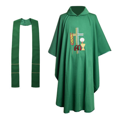 โบสถ์คาทอลิก Priest Chasuble ปัก Vestments พระสงฆ์ Robe เสื้อผ้ามุสลิม G1000/G2000/G3000/G1100/G2100/G3100/G1900/G2900/G3900 4สี (สีแดง,สีขาว,สีม่วง,สีเขียว)
