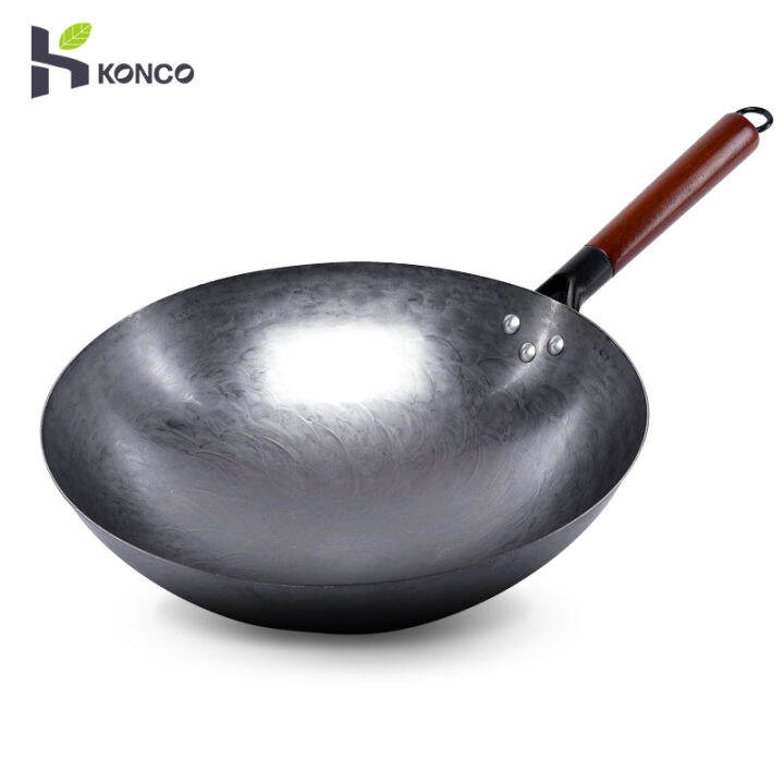 Konco Handmade Iron wok with wooden handle Chinese Traditional Uncoated