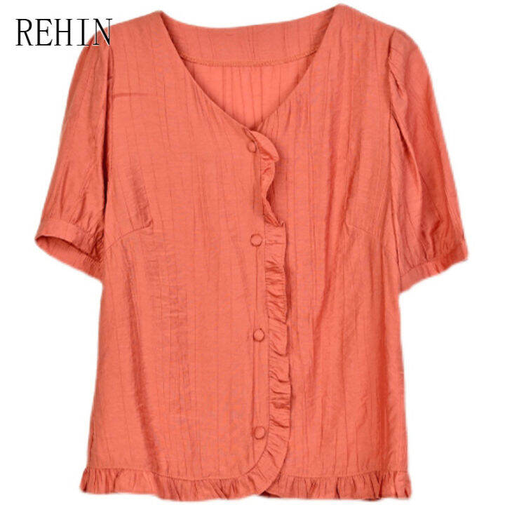 rehin-เสื้อสตรีฤดูร้อนใหม่พลัสขนาดเสื้อแขนสั้นผ้าฝ้ายและผ้าลินิน-ruffle-v-คอเสื้อระบายอากาศ