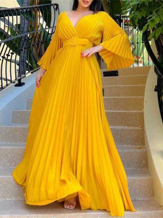 v-neck-pleated-dinner-party-dress-women-yellow-elegant-with-belt-long-sleeve-robe-femme-n-maxi-red-vestido