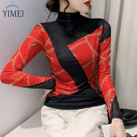 YIMEI เสื้อผ้าผู้หญิงโอเวอร์ไซส์,ฤดูใบไม้ร่วงและฤดูหนาว2023แฟชั่นสไตล์ต่างประเทศแขนยาวคอสูงเสื้อยืดผ้าตาข่ายตำแหน่งดอกไม้