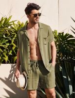 Summer Cotton Linen Shirt Set Mens Casual Outdoor 2-Piece Suit Andhome Clothes Pajamas Comfy Breathable Beach Short Sleeve Sets