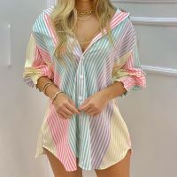 New Womens Spring Summer Printed Long Sleeve Lapel Casual Shirt Dress Ladies Single-breasted Cardigan Irregular Mini Dress 2022