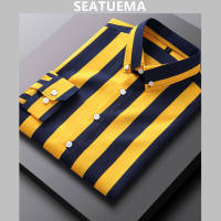 SEATUEMA เสื้อลายทางสีเหลืองใหม่ผู้ชายแขนยาวธุรกิจเสื้อลำลองผู้ชายสลิมฟิตแขนยาวเสื้อนิ้ว