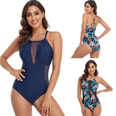 One Piece Swimsuit Mesh Splicing Neck Hanging Swimsuit