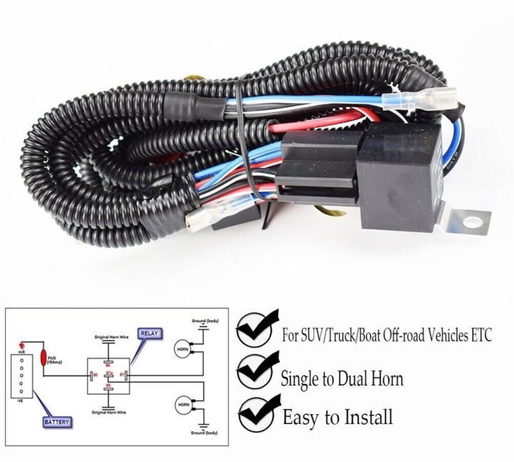 Car 12V Horn Wiring Harness Relay Kit Wire Plug and Play Lorry Dual ...