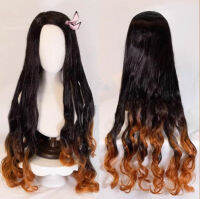 Demon Killer Kamado Nezuko คอสเพลย์สีดำและสีน้ำตาลผสมวิกผมหยักขนาดใหญ่สำหรับผู้หญิง