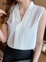 Jielur Chiffon Blouses Women Summer Sleeveless Tank Top V-Neck White Shirt Female Elegant Solid Color Office Lady Chic Blouse