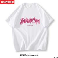 JASONWOOD พิมพ์ลายหลวมผ้าฝ้ายแท้สไตล์อเมริกัน oversize แขนสั้นผู้ชาย T เสื้อตัวในเสื้อฤดูร้อนยอดนิยม