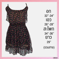 USED - Black Cherry Ruffle Dress | เดรสสั้นสีดำ สีแดง สายเดี่ยว ลายจุด เชอรี่ ระบาย ซีทรู สายฝอ มือสอง