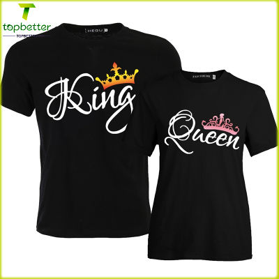 เสื้อยืดคู่แขน King,เสื้อยืดคู่รักสีดำลำลองแบบพิมพ์ลายตัวอักษร Queen Crown สำหรับผู้หญิงผู้ชาย Couple t shirt