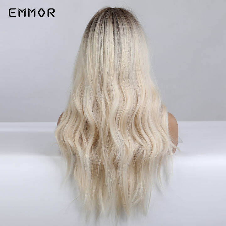 emmor-วิกผมสีบลอนด์ทำจากเส้นใยสังเคราะห์สำหรับผู้หญิงที่มีหน้าม้าวิกผมหยักศกยาววิกผมไฟเบอร์ทนความร้อนได้ทุกวัน