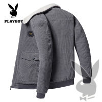 PLAYBOY เสื้อผ้าฝ้ายฤดูใบไม้ร่วงของผู้ชาย และแจ็คเก็ตฤดูหนาว Corduroy บุหนาเสื้อแจ็คเก็ตผู้ชาย