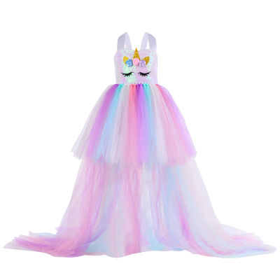 Long Tail Unicorn Dress for Girls Birthday Party Dress Elegant Baby Girl Princess Carnival Costume Hairband Pas Rainbow Gown