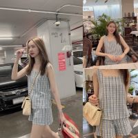 เบจ/ฟ้า SLYQ JUNIPER TOP &amp; SHORTS TWEED SET ชุดเซ็ทเสื้อแขนกุด และ กางเกงขาสั้นผ้าทวีด