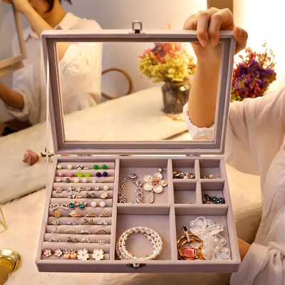 Velvet Gray Carrying Case with Glass Cover Jewelry Ring Display Box Tray Holder Storage Box Organizer Earrings Ring Bracelet