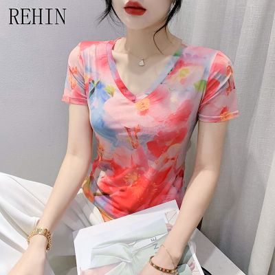 เสื้อยืดแขนสั้นพิมพ์ลายตาข่ายฤดูร้อนแฟชั่นของผู้หญิง REHIN คอวีกระชับสัดส่วนใหม่เกาหลีทันสมัย