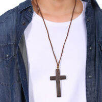 สร้อยคอ พร้อมจี้ ไม้ กางเขนไม้ Wooden Cross Necklace On Leather Cord For Men Pendant In Black Brown Tone Jesus Christ Lord Prayer Jewelry