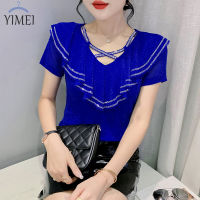 YIMEI เสื้อตาข่ายคอวีผู้หญิง,เสื้อเสื้อทรงพองคอวีคอวีแขนสั้นทำงานหนักใหม่ฤดูร้อน2023