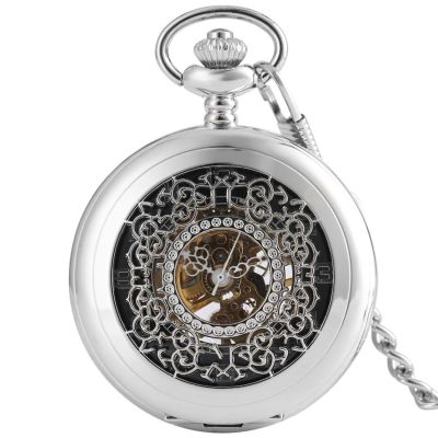 นาฬิกาพกสีเงินกลไกแฟชั่นใหม่2020เรือนหน้าปัดลายกลวงม้วนด้วยมือนาฬิกาสร้อยคอลูกปัดหรูสไตล์สตรีมพังค์