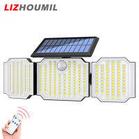 LIZHOUMIL ไฟเซ็นเซอร์ตรวจจับการเคลื่อนไหว23หลอด LED,Lampu Tenaga Surya กลางแจ้งพร้อมรีโมทคอนโทรล3หัว IP65 Lampu Banjir LED โคมไฟติดผนังกันน้ำสำหรับโรงรถบ้านและสวน