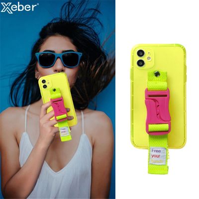 「Enjoy electronic」 Fluorescent Lanyard Necklace Wrist Strap Holder Case For iPhone 14 13 11 12 Pro Max XS Mini 8 7 Plus X XR Clear Silicone Cover