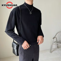 KYUSHUAD ผู้ชายครึ่งคอเต่าแขนยาวเสื้อยืดสีทึบหลวมกลางคอ สบายๆชุดชั้นในสีขาว