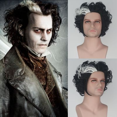 Sweeney Todd Short Black White Curly Synthetic Hair Men Party Hallowee Costume Wigs + Wig Cap