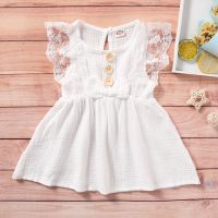 Mikrdoo Toddler Baby Girl Dress Cotton Linen Solid Sleeveless Lace Fly Sleeve Ruffle Button Dresses Cute Princess Style