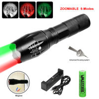 Tri-Color Flashlight 5 Mode GreenRedWhite Powerful LED Zoomable Hunting Tactical Torch Lamp Button magnets Battery Charger