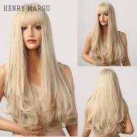 Henry Margu วิกผมสีบลอนด์สังเคราะห์แพลตตินัมสีดำวิกผมผู้หญิงหยักศกยาวมีหน้าม้าวิกผมทนความร้อนได้ทุกวัน