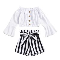 ✘✤ Summer Kids Girls Clothes Set Off Shoulder Elastic Tops Striped Short Pant 2Pcs Suit Baby Toddler Outfit Children Clothing A432