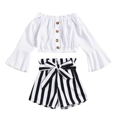 ✘✤ Summer Kids Girls Clothes Set Off Shoulder Elastic Tops Striped Short Pant 2Pcs Suit Baby Toddler Outfit Children Clothing A432