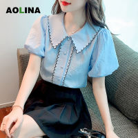 HOT”AOLINA 2022ใหม่ของผู้หญิงฝรั่งเศสพัฟแขนเสื้อลูกไม้แขนสั้นสีฟ้าทุกการแข่งขันเสื้ออารมณ์หวาน