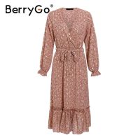 ZZOOI BerryGo Polka dot elegant women dress Puff sleeve vintage long party dress V neck sash streetwear wrap dress vestido work wear