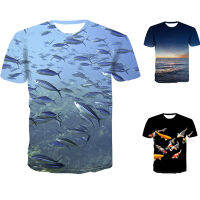 Ocean Fish เสื้อยืดพิมพ์ลายสำหรับผู้ชายผู้หญิง,เสื้อแขนสั้นพิมพ์ลายสัตว์ทะเลตลกไซส์พิเศษแบบลำลองปี3D