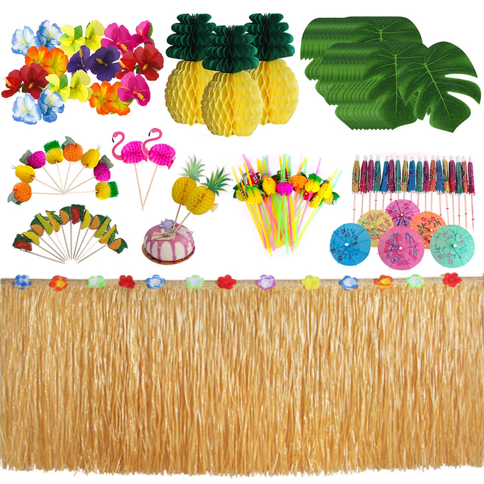 20 Pieces Tropical Palm Leaves Gift 5 Pieces Hook Loop MerryNine Hawaiian Party Decorations Set Including 9ft Table Skirt 