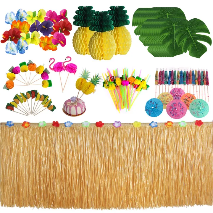 Hawaiian Theme Party Table Decorations Set Luau Grass Table Skirt and ...