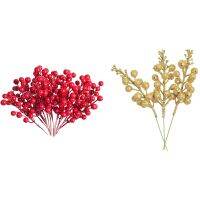 20 Pack 8Inch Artificial Christmas Red Berries Stems &amp; 30 Pack Artificial Christmas Glitter Berries Stems