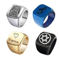 Personalized Handwritten Rings Engrave Name Photo Ring Stainless Steel Mens Square Top Band Minimalist Female Finger Jewelry