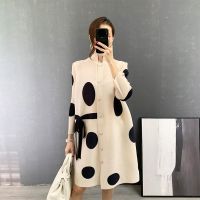 2023 Hot Miyake pleated  new early spring large size retro stand collar polka dot shirt thin sun protection jacket womens mid-length