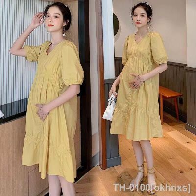 ✌▨ Roupa de cintura alta feminina vestir amarelo verão vestido maternidade com decote em v casual vestidos soltos doce mulher roupas grávidas