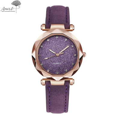 Amart นาฬิกาข้อมือสตรี Multi Faceted Small Round Pointer Dial Watch Matte PU Strap LADIES Wrist Clock Quartz Movement Shiny Rhinestone Luxury Style Frosted Background