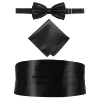 Men Bow Tie Ties Set Cumberbund Black Mens Cummerbund Holiday Bowties Sets Bowtie Fashion Smooth Tuxedo Handkerchief Set